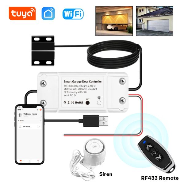 Contrôle TUYA WiFi Smart Garage Door Door Controller Wired Siren Alarm RF 433 Remote + Contrôle des applications Fonctionne avec Alexa Google Assistant