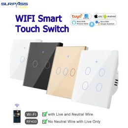 Contrôle TUYA WiFi Smart Home Light Switch 1 2 3 4Gang Eu Touch Switch Temper Glass Pannel Vocal Control Smart Home Alexa Google Home