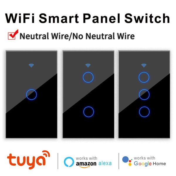 CONTRÔLER TUYA WIFI Smart Switch Neutral Fire / No Neutral Wire, Smart Home Interruptor Light Switch Us 1/2/3 fonctionne pour Alexa Google Home