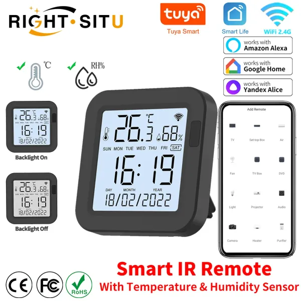 Contrôle Tuya WiFi télécommande IR universelle avec capteur de température et d'humidité pour climatiseur TV fonctionne avec Alexa Google Assistant