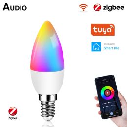 Controle Tuya ZigBee E14 slimme lampen LED-kaarslamp RGB C + W 5W kleur dimbare lamp compatibel met Alexa Google SmartThings Hub