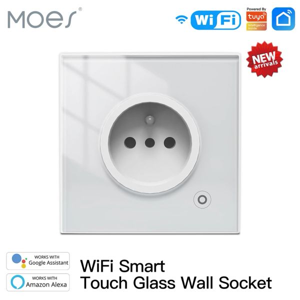 Control WiFi Tuya Smart 16A Enchufe Panel de vidrio Salida Monitor de potencia Enchufe táctil Relé Estado Modo de luz Aplicación Smart Life ajustable Alexa