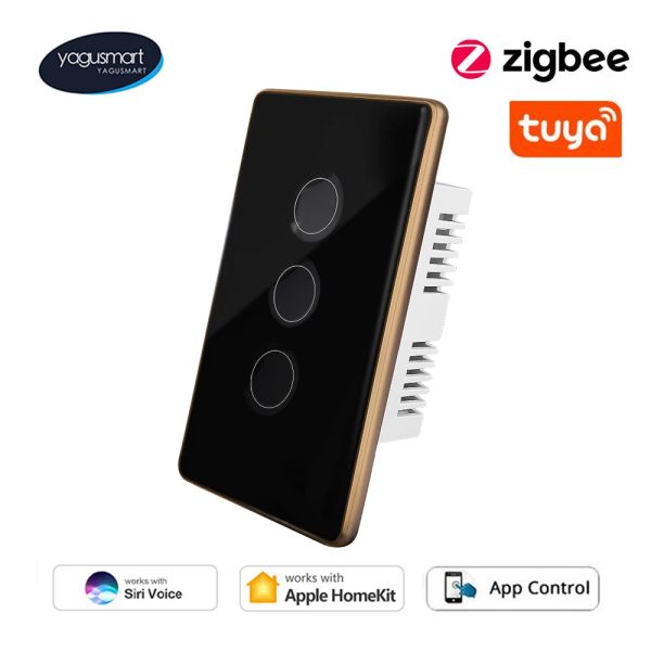 Contrôle Yagusmart Tuya Zigbee Smart Temperred Glass Wall Panneau Light Touch Interrupteur Alexa Google Home Siri Contrôle Zemismart Homekit Interrupteur