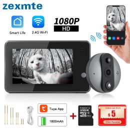 Controle Zexmte Tuya deurbelcamera wifi waterdicht smart home 1080p video 4.3 '' LCD Peephole Door Bell Night Pir Motion Outdoor Camera