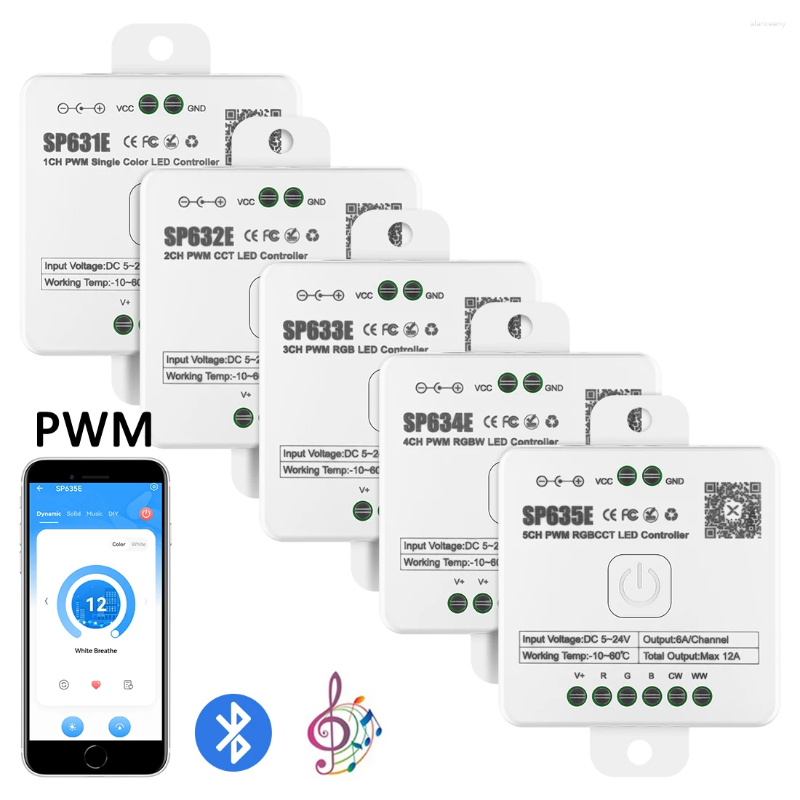 Controllers SP631E-SP635E PWM LED-controller Bluetooth Muziekstem 5050 FCOB DIM CCT RGB RGBW RGBCCT Lichtstrip IOS Android 2.4G 5V-24V