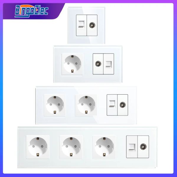 Controles Bingoelec Enchufe De Pared Estándar Europeo Con Tv Computadora Internet Conector De Red Rj45 Panel De Vidrio Blanco Negro Para Mejoras Del Hogar