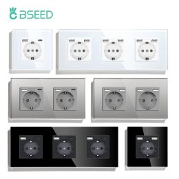 Regelt BSEED Single Wall EU -aansluiting met USB Typec Interfaces 2.1A dubbele stroomuitlaten Triple Electric Sockets 16A Glazen paneel