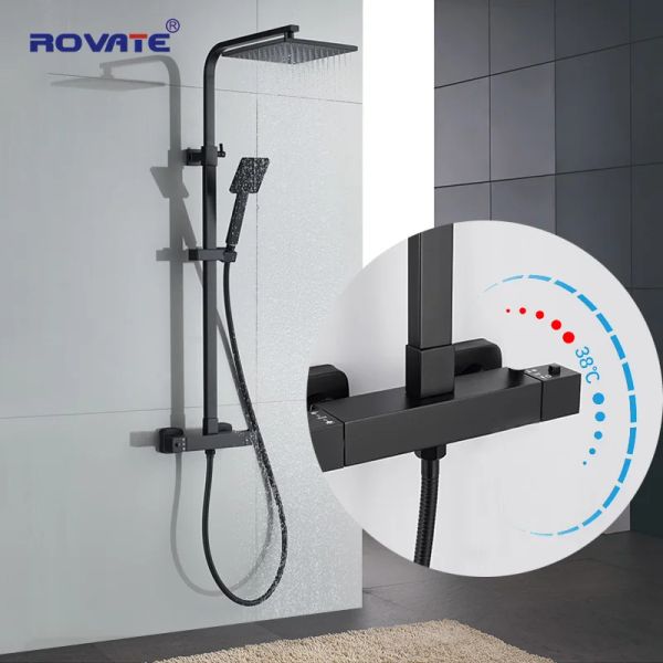 Controles Rovate Matte negro del sistema de ducha termostática montada en la pared, doble función de baño temperatura constante de la temperatura combinada del grifo