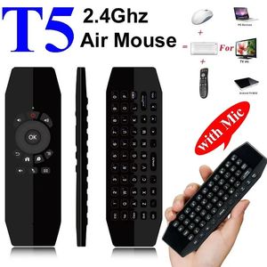 Contrôles T5 Mic 2.4G sans fil Fly Air Mouse avec microphone voix télécommande universelle clavier clavier d'apprentissage IR pour Android TV Box