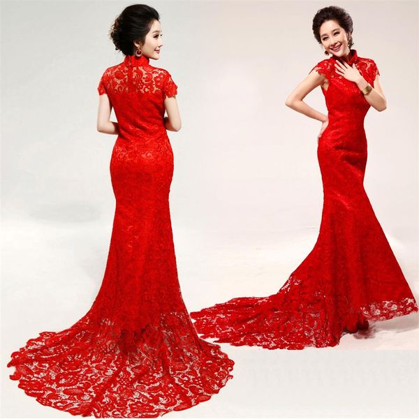 Robes de mariée chinoises conventionnelles Cheongsam 2015 col haut sans manches sirène robes de mariée balayage train appliques dentelle rouge mariage 202K