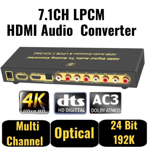 Converter 4K HDMI Audio Extractor 7.1CH LPCM Multi -canal DAC RAC Digital a analógico Convertidor para amplificador/altavoces/TV inteligente