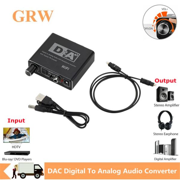 Converter Grwibeou DAC HIFI Amplificador Digital a Audio Analógico Descodificador Convertidor de 3.5 mm Adaptador RCA Toslink Salida coaxial óptica Salida