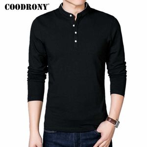 COODRONY Camiseta Hombres Primavera Otoño Algodón Camiseta Color Sólido Estilo Chino Mandarin Collar Manga Larga Top Tee 608 210629