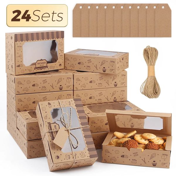 Cookie Bakery Boîtes avec fenêtre - 24 pièces Boîtes de dessert avec corde rouleaux et autocollants Boîtes de friandises pour la paille au chocolat 240426
