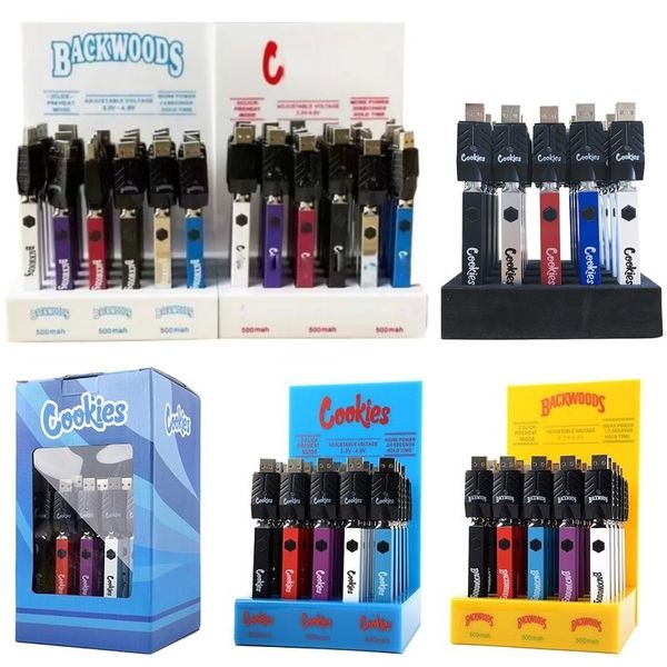 Cookies Backwoods Quad Batterie 500 mAh 20 ct 24 ct 25 ct Préchauffage VV Tension variable 510 Chariots Batteries Chargement USB inférieur 20 pièces 24 pièces 25 pièces Boîte d'affichage