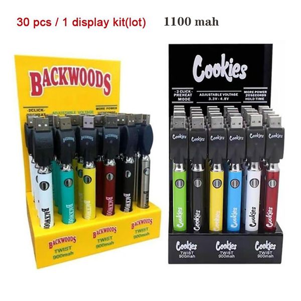 Cookies / Backwoods Twist préchauffer l'affichage de la batterie 30CT vape stylo batterie 1100mAh 510 fil bas tension réglable batteries de cigarettes