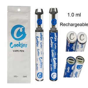 Biscuits jetables Vape Pen Dispositif 1.0ML Pods Sacs d'emballage Batterie rechargeable 240mAh Huile épaisse E Cigarettes Vapes OEM 2 couleurs Blanc Bleu Stylos vides