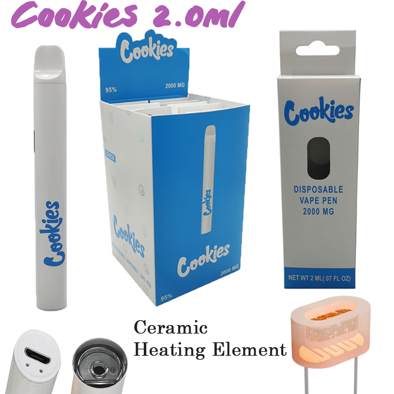 Cookies vape caneta 2.0 ml vaporizador descartável e cigarros e 350mAh Vapes de aquecimento de óleo recarregável 350 mAh