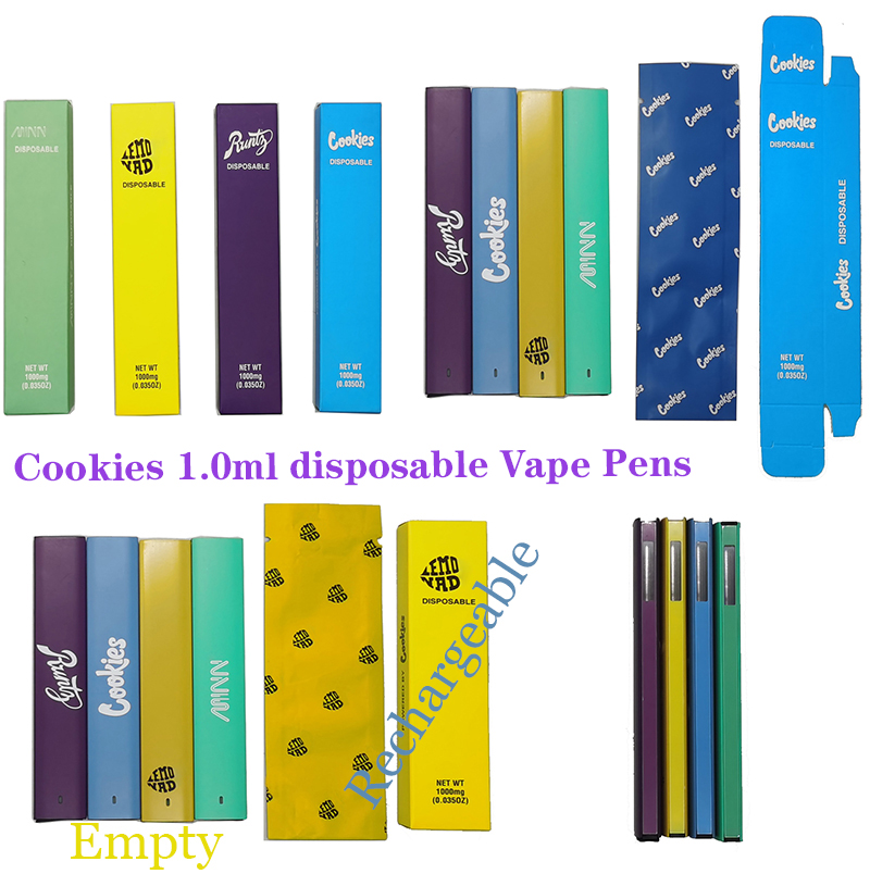 Cookies Vapes Pens Disposable E cigarette Cartridges 510 Thread Pods 1.0ML Empty 280mAh Rechargeable Battery High Quality Thick Oil Starter Kits popular Package