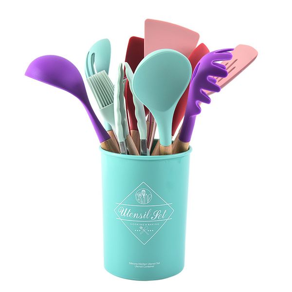 Ensembles de cuisine en bois sans poignée bâton spatule cuillère avec baril de stockage d'ustensiles de cuisine 12 pièces de bateau de mer en silicone ZYY879b