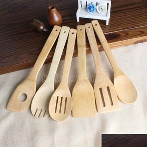 Ustensiles de cuisine Cuillère en bambou Spata 6 styles Ustensile en bois portable Cuisine Tourneurs de cuisine Support de mélange fendu Pelles Fy7604 Dr Dhfgp