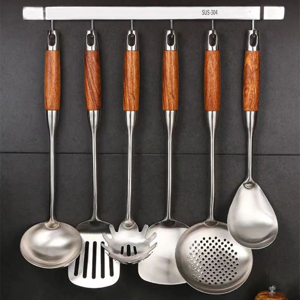 Utensilios de cocina Juego de tensores de acero inoxidable 304 Accesorios de cocina Utensilios de cocina Wok Espátula Gadgets Herramienta Mango Ranurado Cuchara de arroz 231219