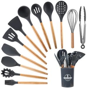 Ustensiles de cuisine Ensemble d'ustensiles de cuisine ustensiles de cuisine en Silicone manche en bois écologique outil de cuisine spatule grise Turner louche ustensiles de cuisine 231219