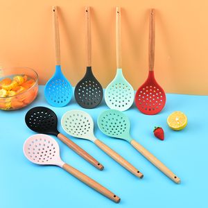 Ustensiles de cuisine Passoire de cuisine en silicone Manche en bois antiadhésif résistant à la chaleur Passoire Cuillère Écumoire Passoire Cuisine Outils de cuisine Q154