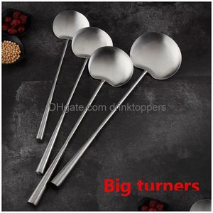 Ustensiles de cuisine en acier inoxydable Big Long manche Spata Cuillère Scoop Restaurant Cantine Chef Grand Pot Pelle Ustensile de cuisine Set Bamb Dh5Io