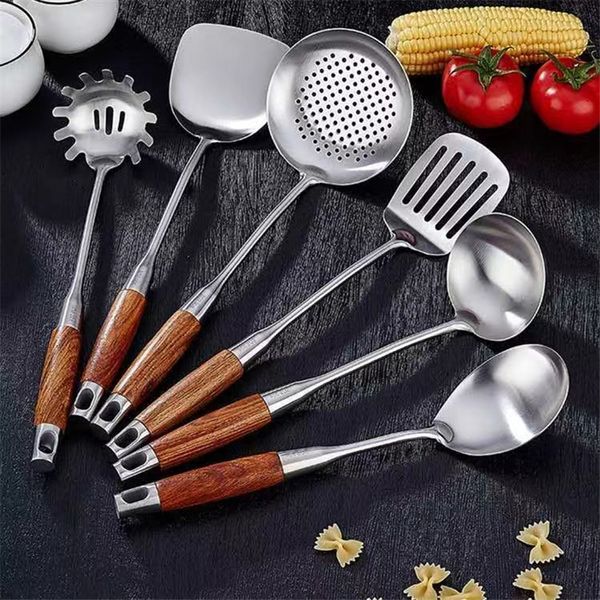 Ustensiles de cuisine Acier Inoxydable Wok Spatule Palissandre Manche Gadjets Pour Cuisine Accessoires Fendue Turner Riz Cuillère 230726