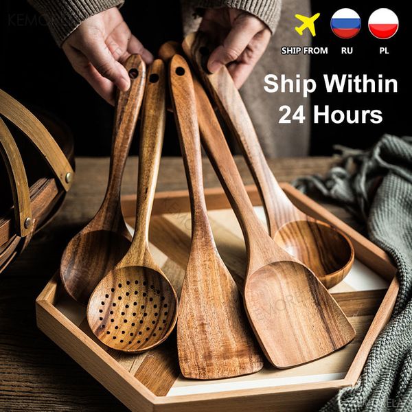 Ustensiles de cuisine Thaïlande Teck Vaisselle en bois naturel Cuillère Louche Turner Long Riz Passoire Soupe Écumoire Cuillères Scoop Kitchen Tool Set 230719