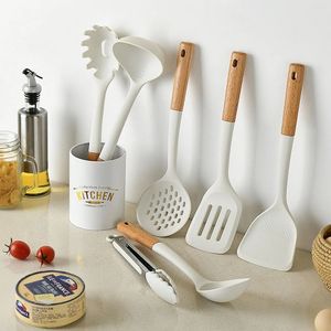 Ustensiles de cuisine en Silicone blanc, ensemble antiadhésif, ustensiles de cuisine, spatule cuillère pelle manche en bois, outil de cuisine 231213