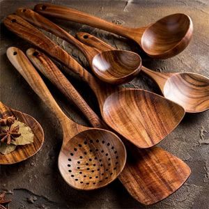 Ustensiles de cuisine Pièces 7Pcs Thaïlande Teck Cuillère De Cuisine En Bois Naturel Vaisselle De Cuisine Outil Louche Turner Riz Passoire Soupe Skimmer Scoop Ustensiles 230224