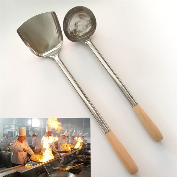 Pièces d'ustensiles de cuisine grande longue spatule pelle chef cuisine cocina utensilios lame ustensile de cuisine manche en bois tourneur en acier inoxydable cuillère à soupe wok 221118