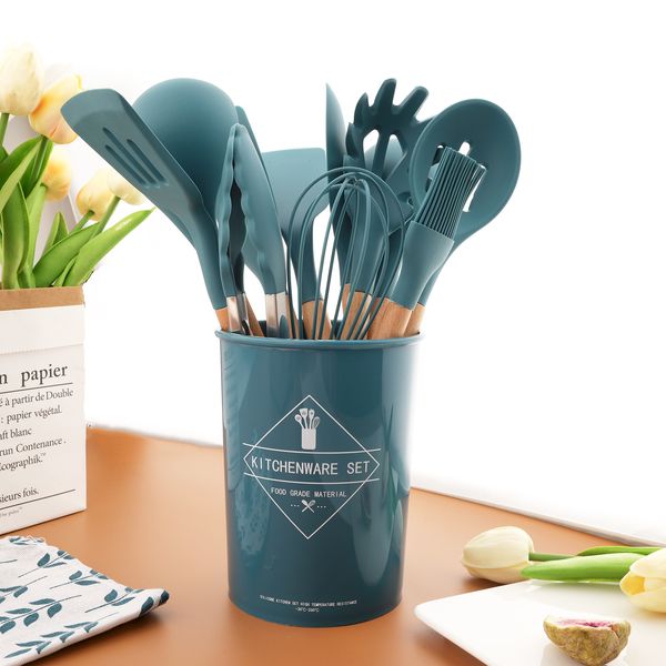 Pièces d'ustensiles de cuisine Ustensiles de cuisine en Silicone bleu résistant à la chaleur, ensemble d'ustensiles de cuisine, outils de cuisson antiadhésifs avec boîte de rangement 230217