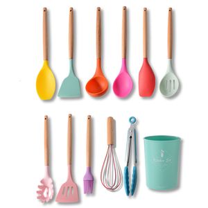 Piezas de utensilios de cocina HEYI 11 PCS Set Color Home Mango de madera Utensilios de silicona Utensilios de cocina Utensilios de cocina japoneses JYZ 221114