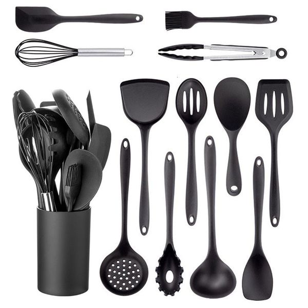 Piezas de utensilios de cocina JANKNG, utensilios de cocina de silicona negra, herramienta de cocina antiadherente, espátula, cucharón, batidores de huevos, pala, utensilio de sopa, cocina 230217