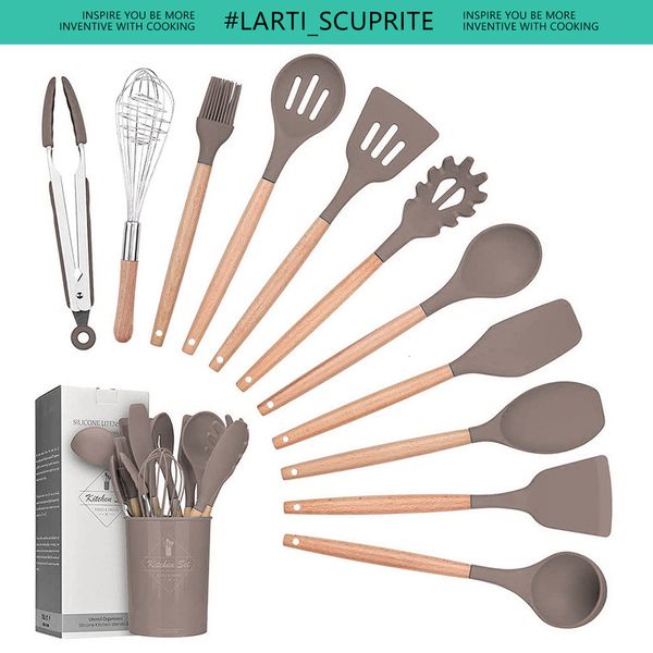 Pièces de batterie de cuisine Ensemble d'ustensiles de cuisine en silicone Accessoires de cuisine antiadhésifs Manche en bois Outils de cuisine Spatule à frire Cuillère à soupe Kaki 230217