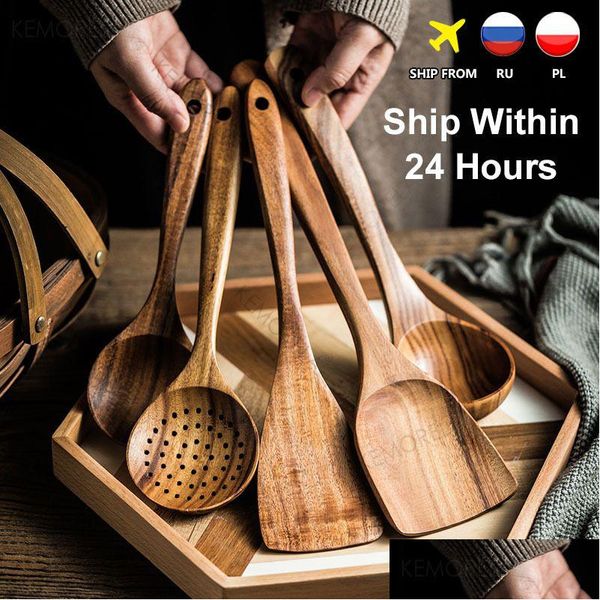 Pièces d'ustensiles de cuisine Thaïlande Teck Vaisselle en bois naturel Cuillère Louche Turner Longue passoire à riz Soupe Skimmer Cuillères de cuisson Scoop Cuisine à Dhuv2