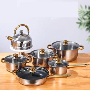 Conjuntos de utensilios de cocina 12 piezas de juego de acero inoxidable 6 tipos de olla de cocina combinación sartén sopa leche hervidor regalo