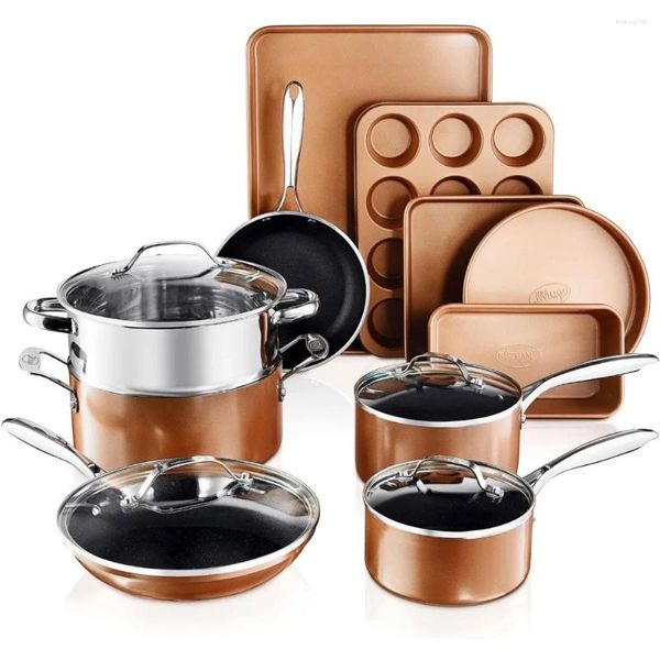 Ensemble de vaisselle 15 pots et casseroles en cuivre PC Set Net Stick Set.Poule de pot antiadhésive de cuisine