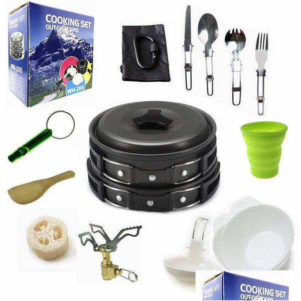 Ensembles De Batterie De Cuisine 18 Pcs Cam Kit En Plein Air En Alliage D'aluminium Ensemble De Cuisine Portable Pan Pot Voyager Randonnée Pique-Nique Vaisselle Équipements Vt163 Dhzrx