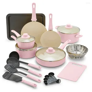 Juegos de utensilios de cocina Juego antiadherente de cerámica saludable sin toxinas con agarre suave de 18 piezas Cocina apta para lavavajillas rosa