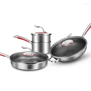 Ensembles de batterie de cuisine 316 poêle à frire en acier inoxydable Wok ménage épaissi Double nid d'abeille antiadhésif marmite Pots à lait et ensemble