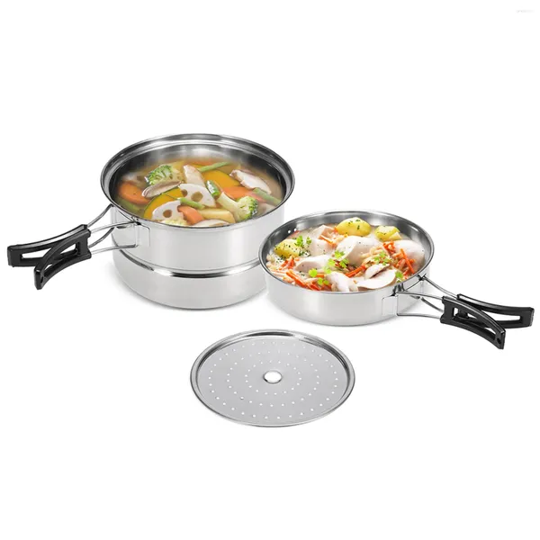 Conjuntos de utensilios de cocina 3 unids / set olla de acero inoxidable sartén al vapor estante al aire libre camping hogar cocina cocina