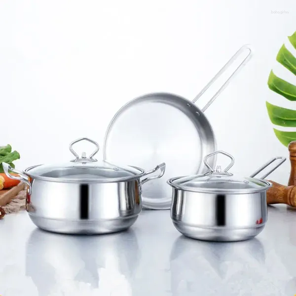 Juegos de utensilios de cocina 3 unids/set, juego de acero inoxidable, sartén de fondo plano, olla para sopa, Kit de leche, Cocina de Inducción para cocina casera