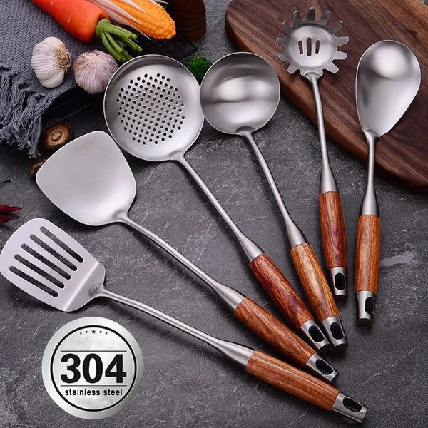 Batterie de cuisine 567 pièces en acier inoxydable Wok spatule manche en bois pelle de cuisson louche ustensiles de cuisine outils de cuisson ustensiles de cuisine 231019