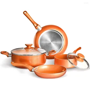 Batterie de cuisine Ensembles de casseroles et poêles antiadhésives de 6 pièces pour la cuisson - Casserole à revêtement en céramique Marmite avec couvercle Poêle à frire Cuivre