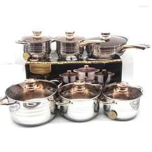 Ensembles de batterie de cuisine 6PCS Set Pot Pan 201 Poignée en acier inoxydable Gold Cuisson antiadhésive