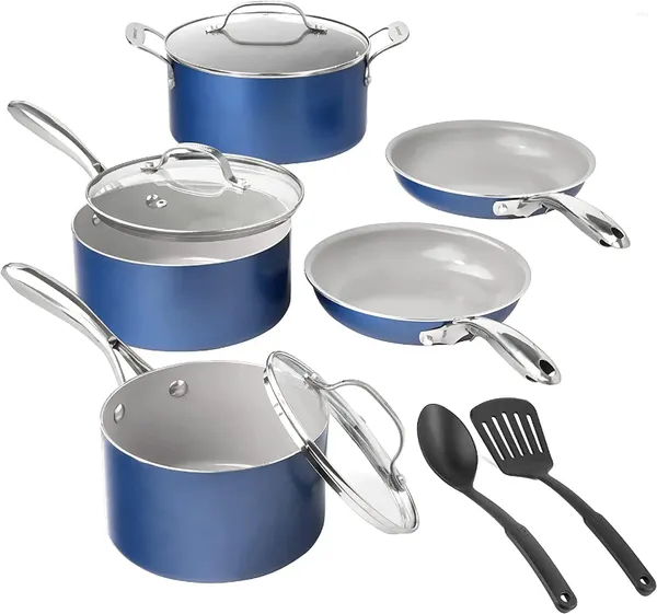 Juntos de cocina azules de 10 piezas de 10 piezas set de sartén antiadherente cocina lavavajillas de cerámica segura